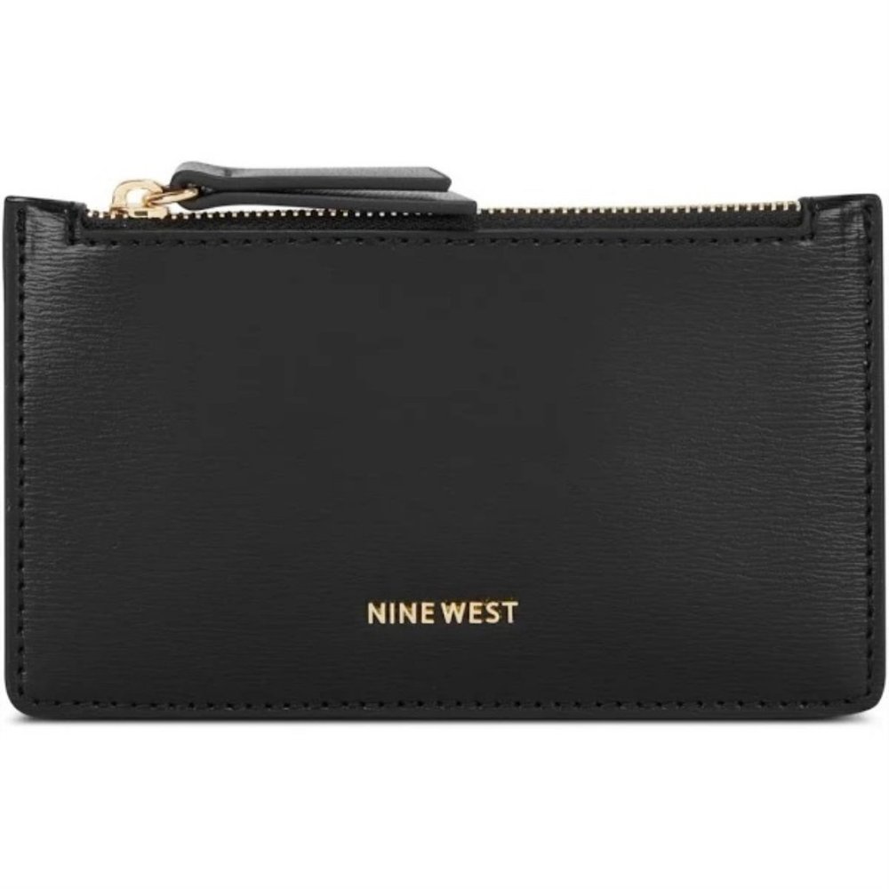 Nine West Kennedy Wallet Black Faux Leather Zip Top 5 Card Insert Coin Card Case
